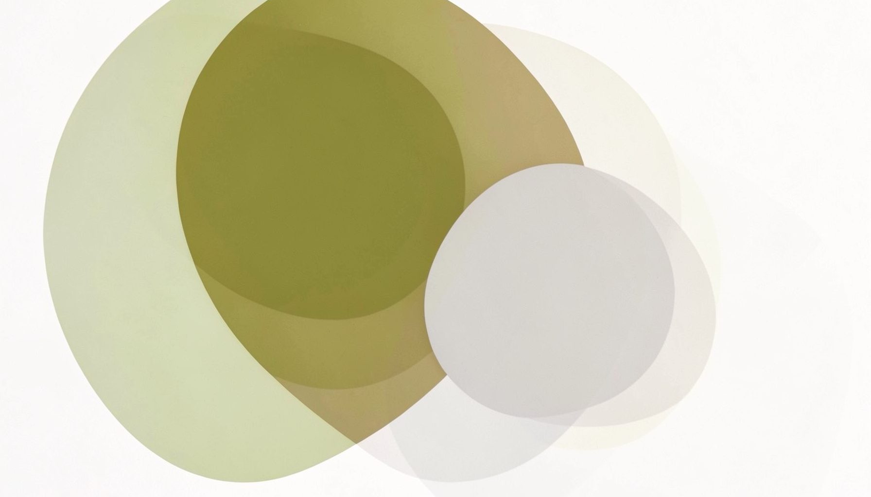 Abstract overlapping circles and organic shapes in soft olive green and warm grey tones on an off-white background, suggesting connection and community
