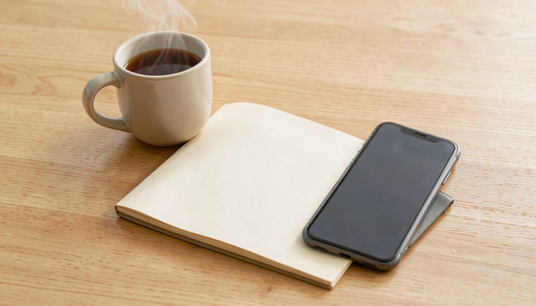 A calm, warm-toned flat lay of a notebook, a steaming mug, and a smartphone on a light wooden desk, evoking a relaxed morning reading routine