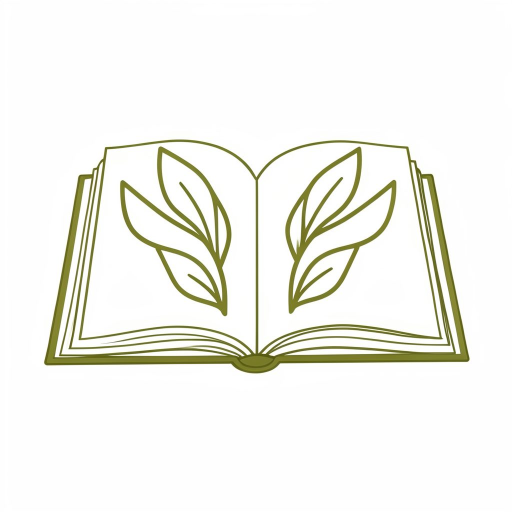 A clean line-art illustration of an open book with abstract leaf motifs, rendered in olive green on a white background